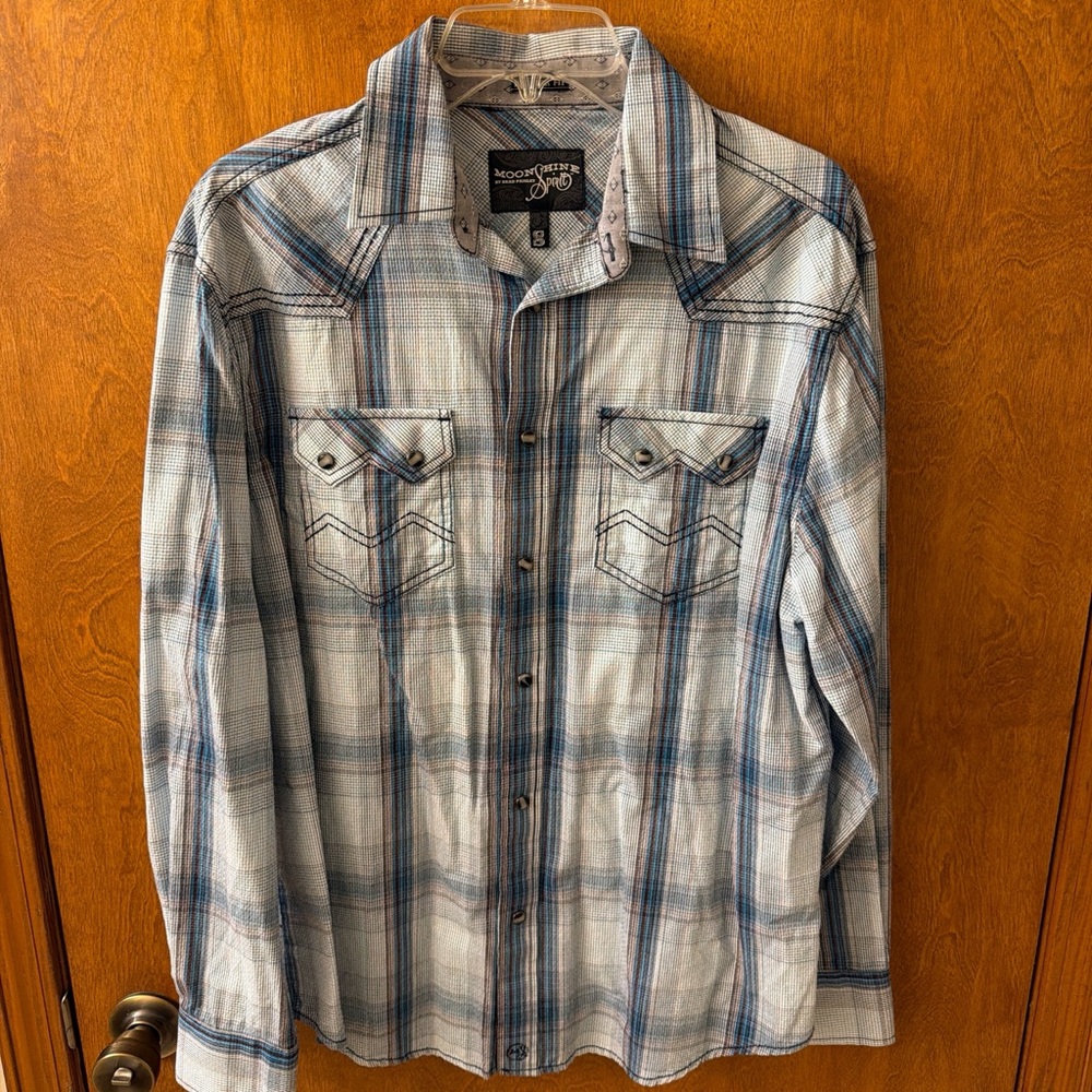 Moon Cutter Men's Blue Plaid Casual Button Down Shirt
